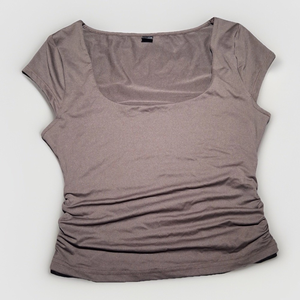 Shein Bae Women's Chocolate Brown Ruched Cap Sleeve Top Square Neck Size M